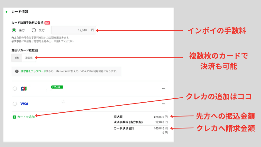 INVOYのカード決済のカード情報と決済手数料の確認の画面