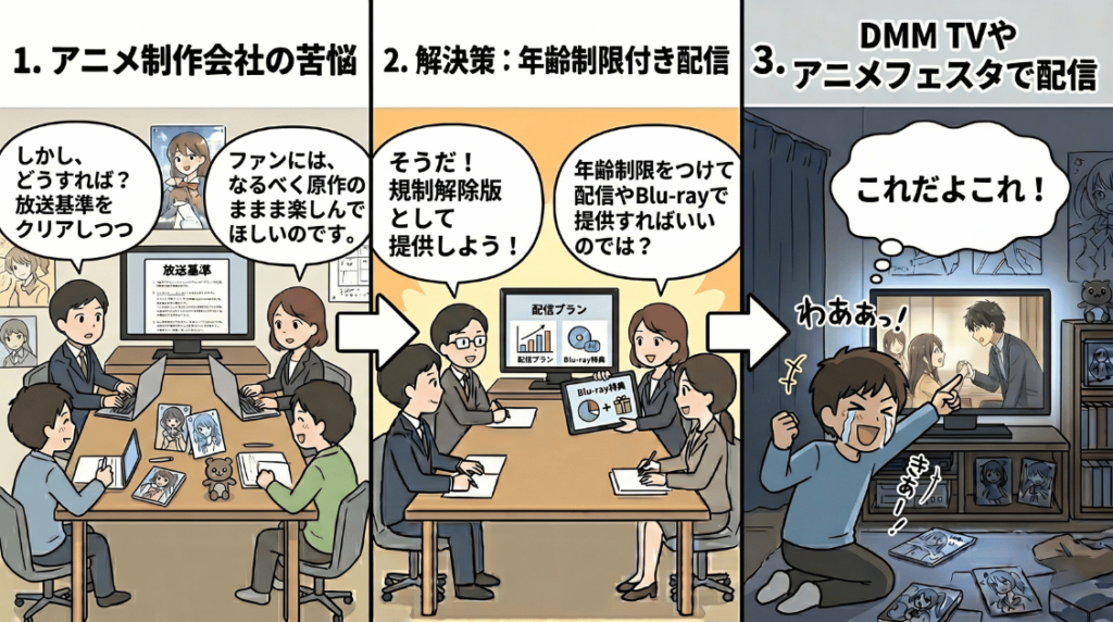 規制解除のアニメ作品ができるまでの流れを図解