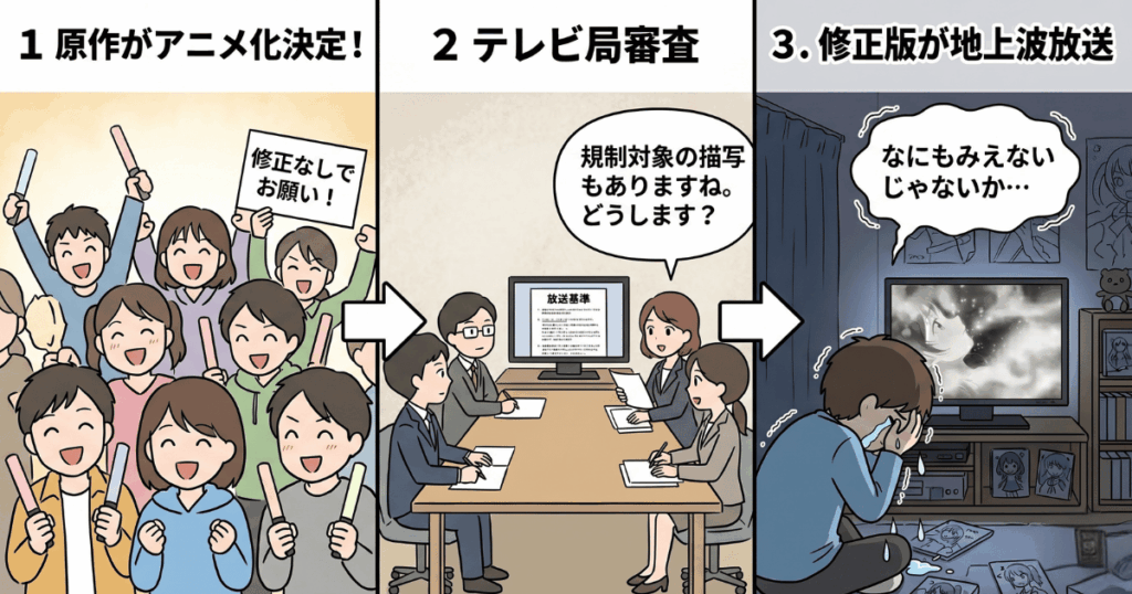 なぜ地上波放送では修正されるのかを図解した画像