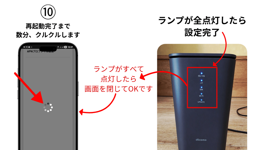 home5GHR02にマイネオのAPNプロファイル適用後、ルーターの再起動までの時間と完了までの目安を解説する画像