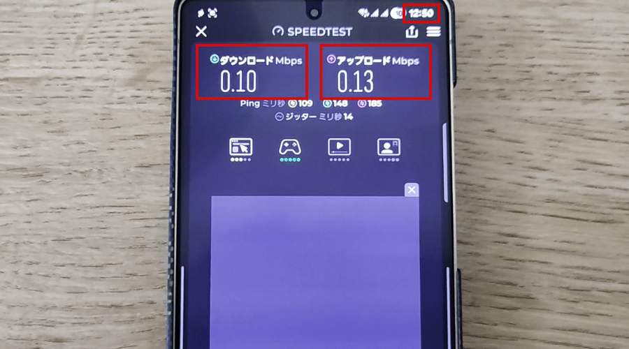 マイそくプレミアム平日昼間(12時50分)の速度制限時に回線速度を計測した結果
