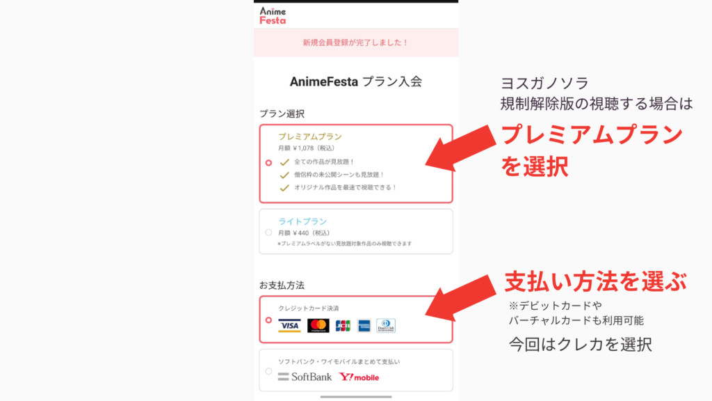アニメフェスタの登録時のプラン選択画面