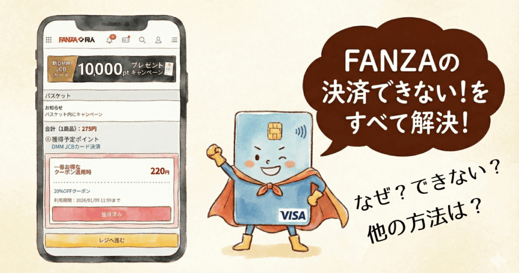 FANZAの同人サイトのカート内の画像とVISAカードが決済できないときの解決策のイメージ図