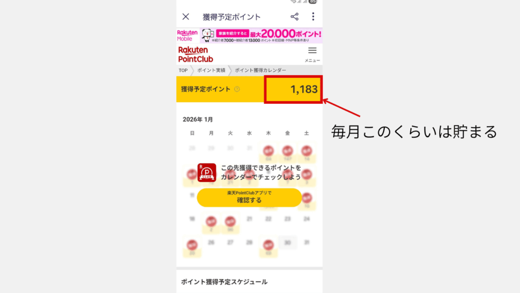 MY楽天モバイルの楽天ポイント獲得状況の画面