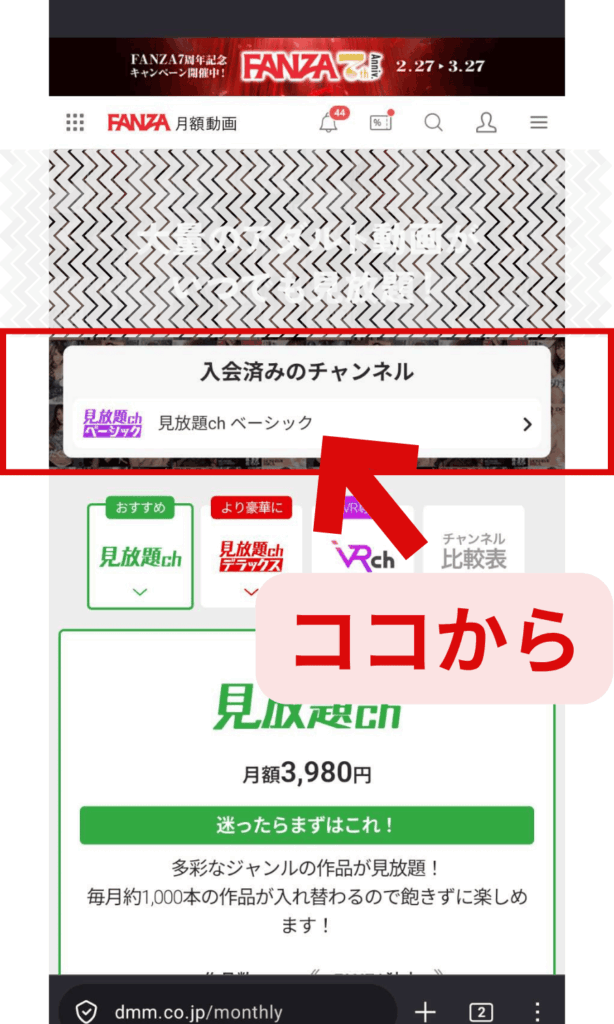 FANZAのメニュー内の見放題ch ベーシックのカテゴリが表示されている画像