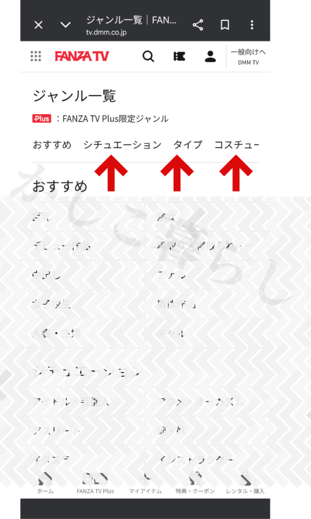 FANZA TVのジャンル画面
