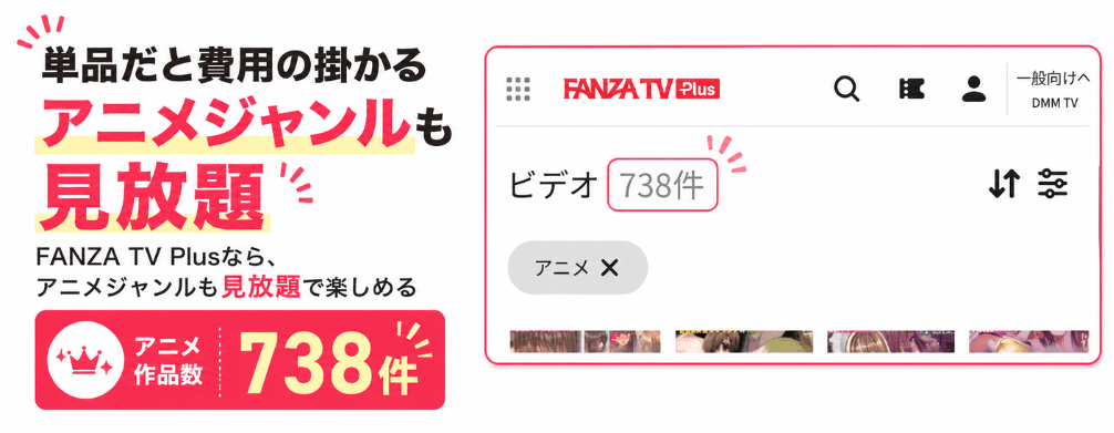 FANZA TV Plusの2026年5月22時点のアニメジャンルの作品数の画像