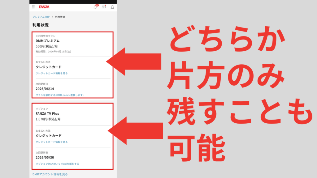 DMMプレミアムとFANZA TV Plusの解約のページでどちらかを残して契約することも可能という案内