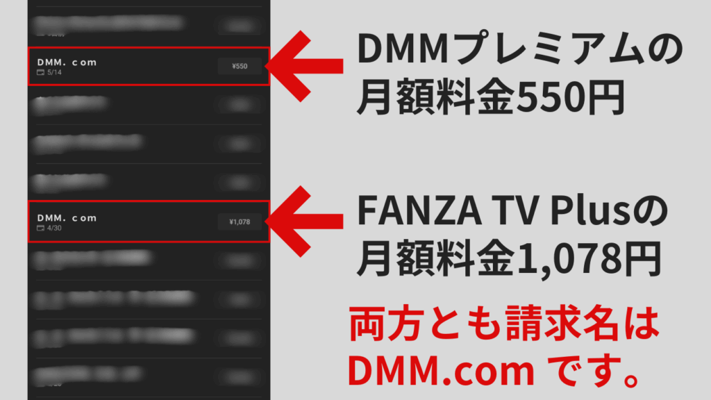 FANZA TV Plusの実際のクレジットカードの請求画面の画像。