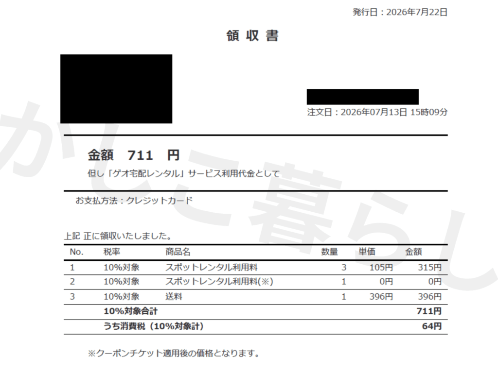 女神寮の寮母くん。風紀まもるくん無修正バージョン全４巻のゲオ宅配レンタルの領収証の画像
