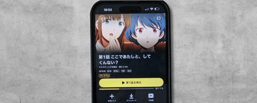 DMM TVの『ドメスティックな彼女 袋とじVer.』第1話の画面。2019年・28分・R15+・HD・2chと表示され、第1話を再生のボタンがある